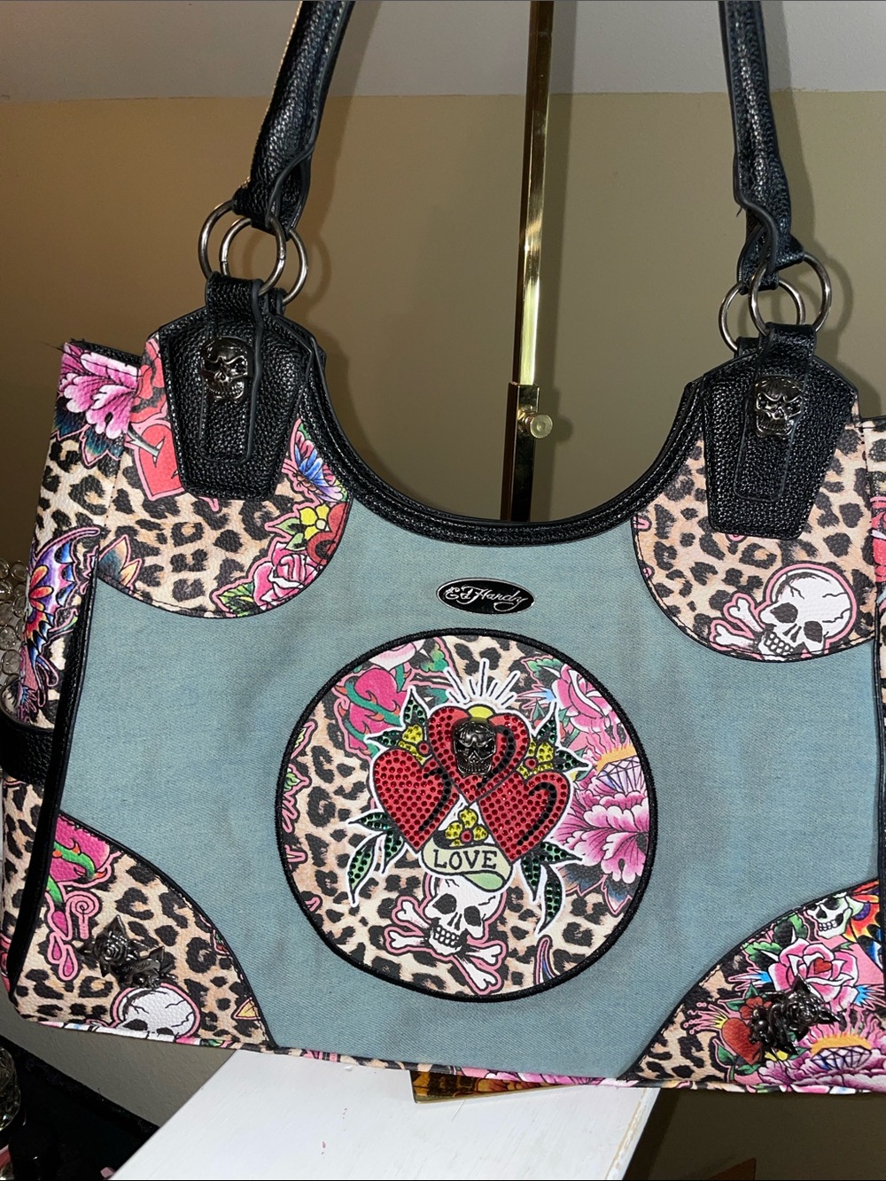 Ed Hardy Blue Floral Leopard Heart & Skull Tote with Black Trim